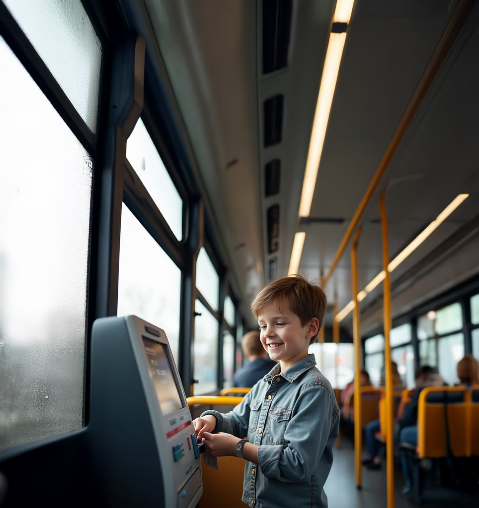 Dziecko płaci zbliżeniowo w kasowniku w autobusie
