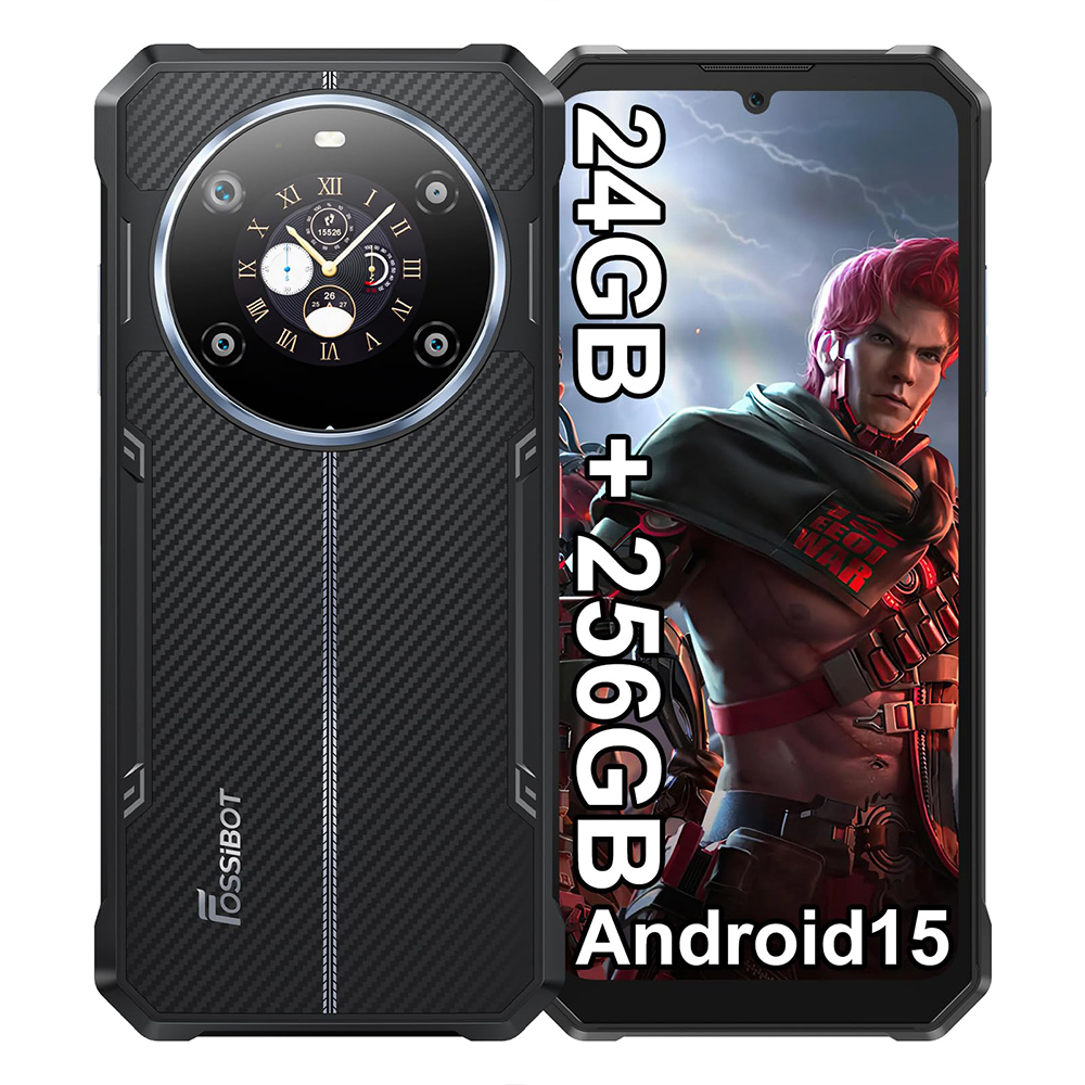 Telefon Fossibot F109S przodem i tyłem na białym tle.