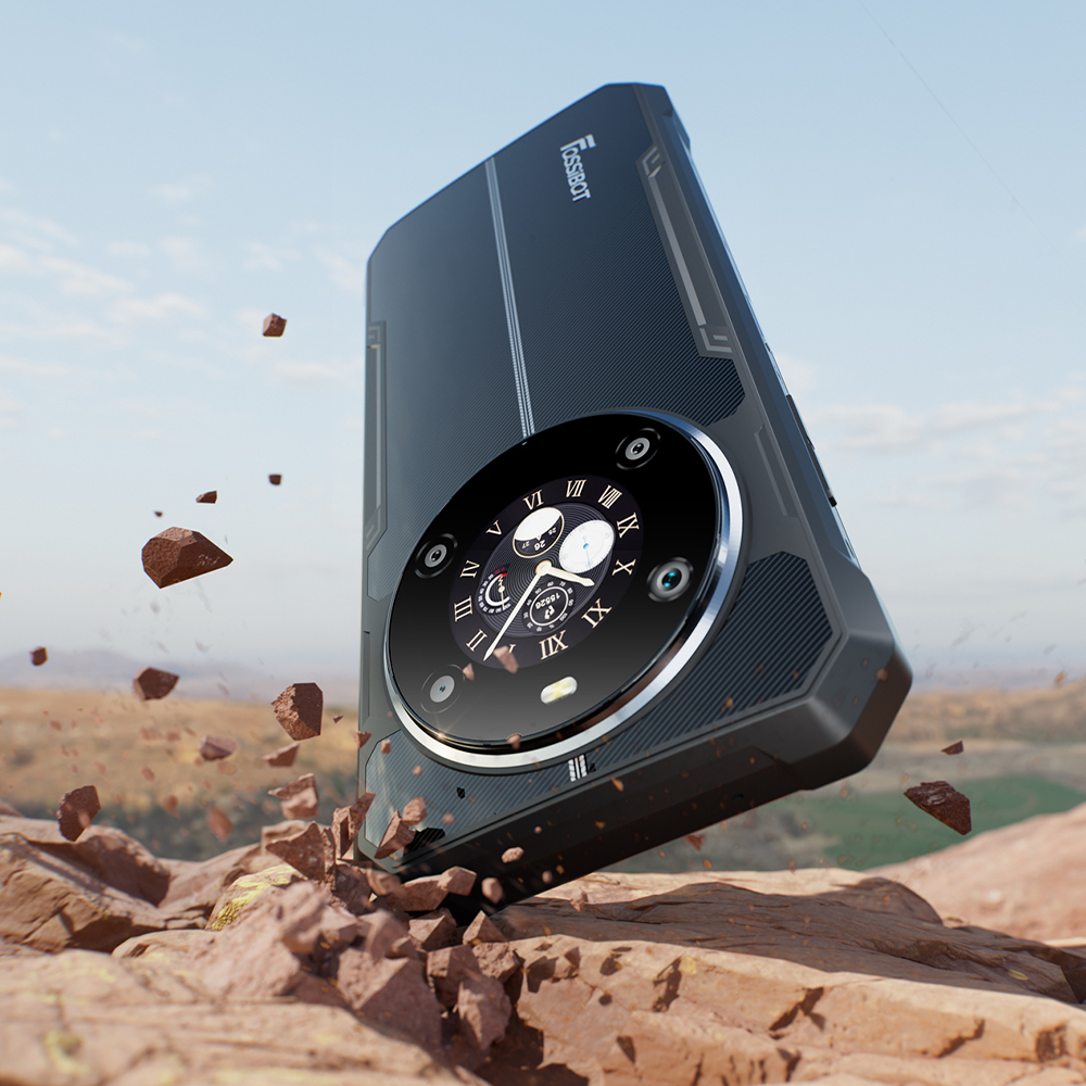 Telefon Fossibot F109S upadający na skałę rozbijając ją.