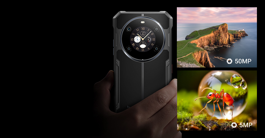 Tył telefonu Fossibot F109S i zdjęcia zrobione tym telefonem.