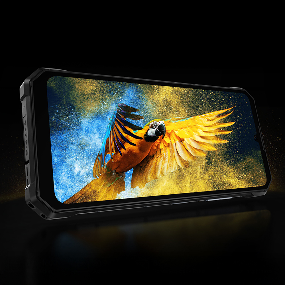 Telefon Fossibot F109S położony poziomo z uruchomionym kolorowym obrazem na ekranie.