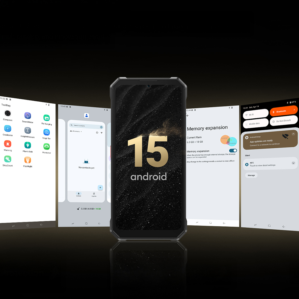 Telefon Fossibot F109S przodem i ekrany systemu Android 15 - zbliżenie.