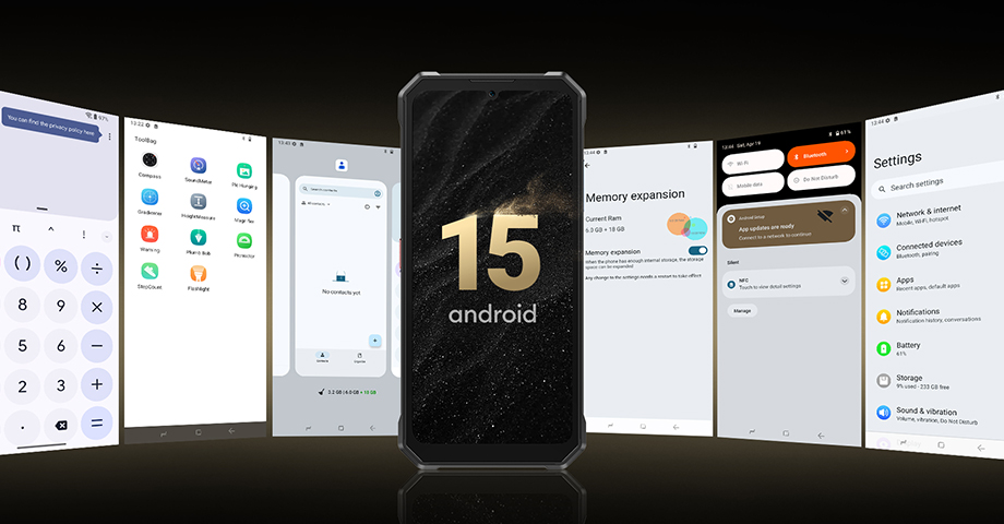 Telefon Fossibot F109S przodem i ekrany systemu Android 15.