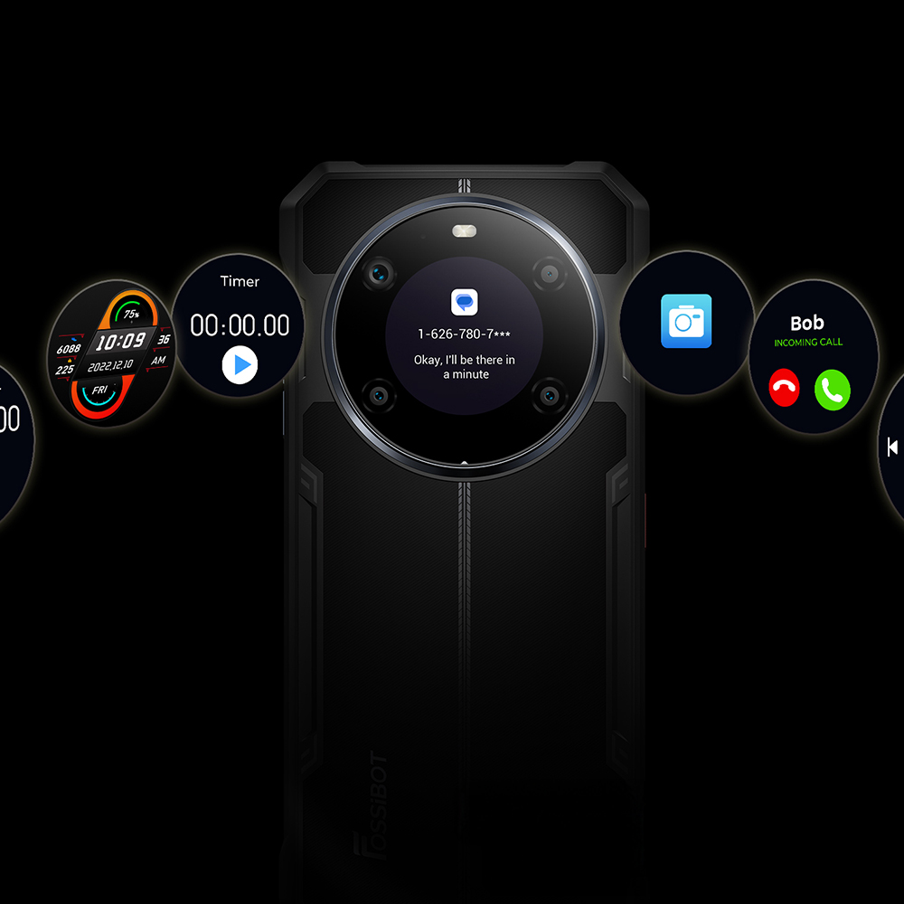 Tylny ekran telefonu Fossibot F109S i jego dostępne funkcje - zbliżenie.