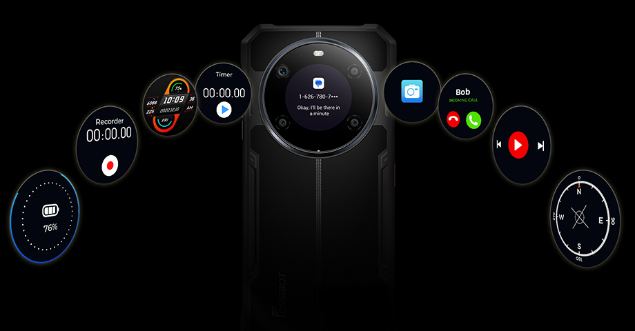 Tylny ekran telefonu Fossibot F109S i jego dostępne funkcje.