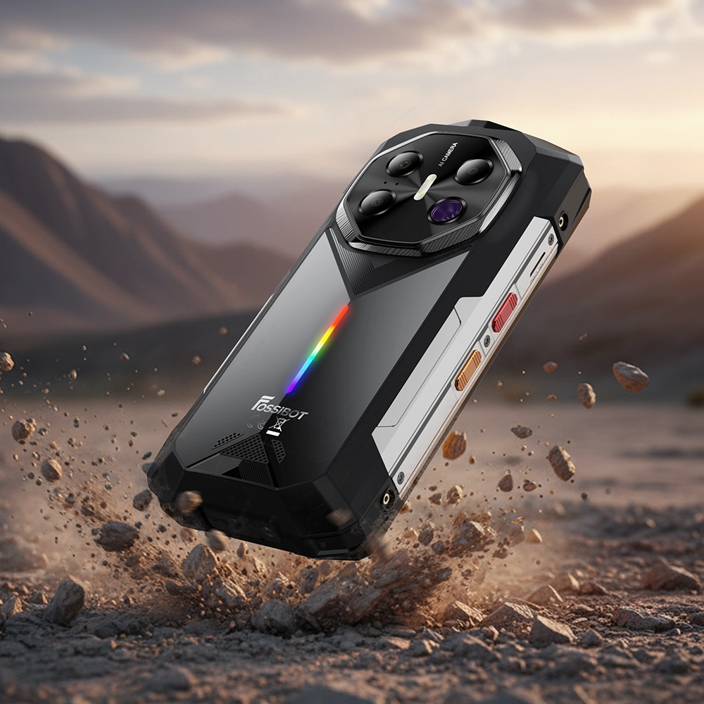 Zbliżenie na smartfon Fossibot F113 5G rozbijający ziemię przy upadku.
