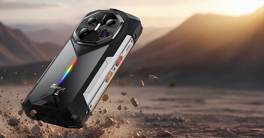 Smartfon Fossibot F113 5G rozbijający ziemię przy upadku.