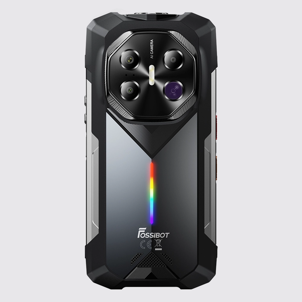 Tył smartfona Fossibot F113 5G na szarym tle.