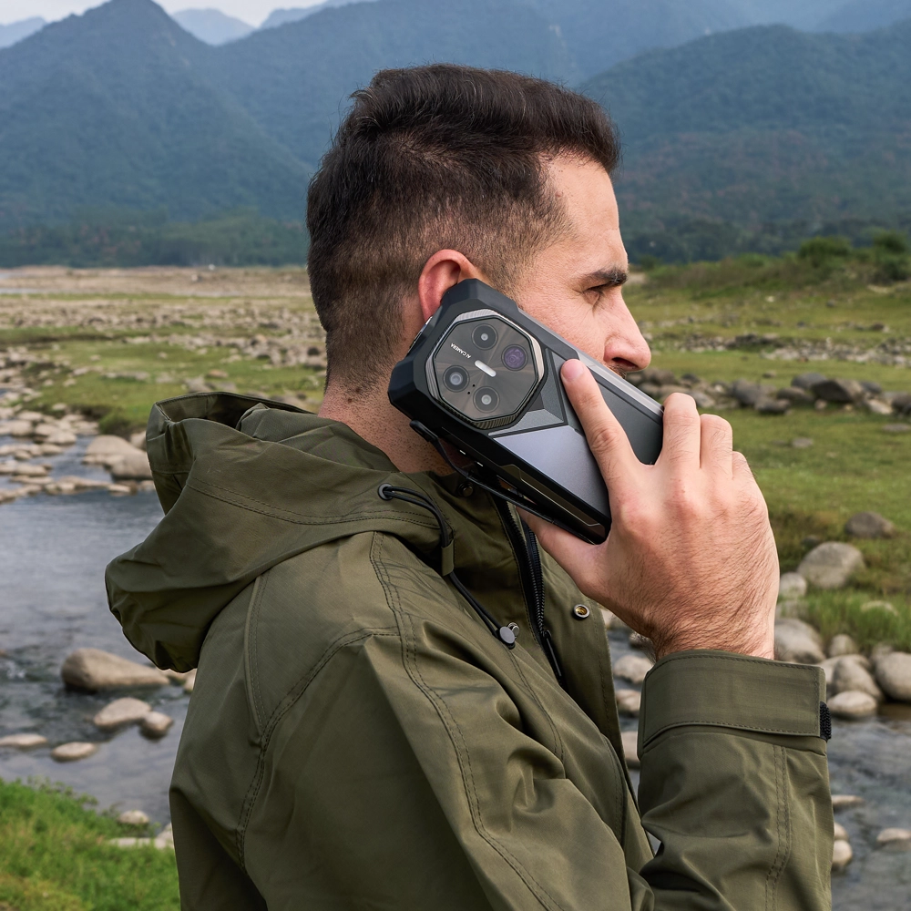 Zbliżenie na mężczyznę rozmawiającego przez smartfon Fossibot 113 5G na tle strumienia i gór.