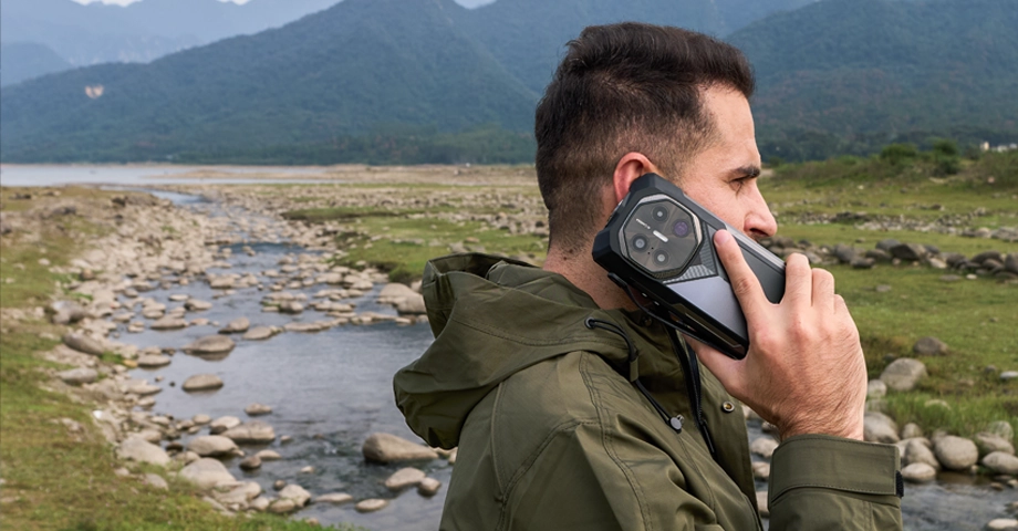 Mężczyzna rozmawiający przez smartfon F113 5G na tle strumienia i gór.