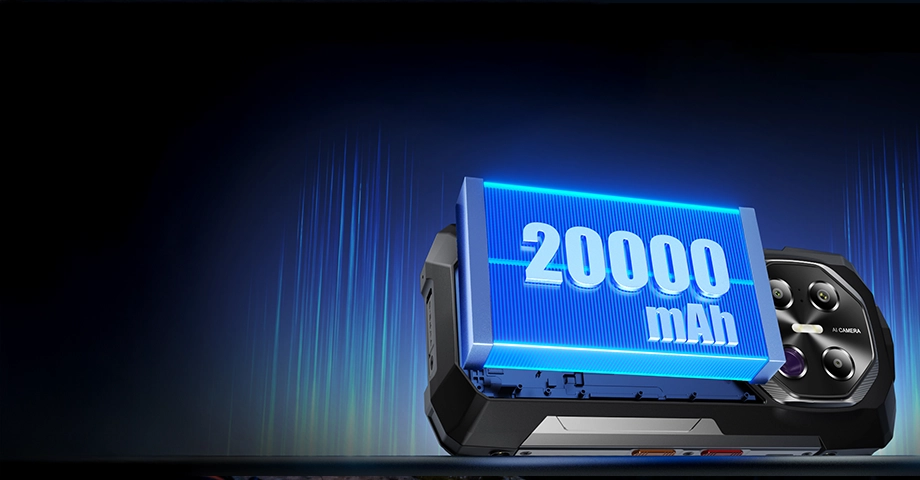 Bateria smartfona Fossibot F113 5G z oznaczeniem 20000 mAh.