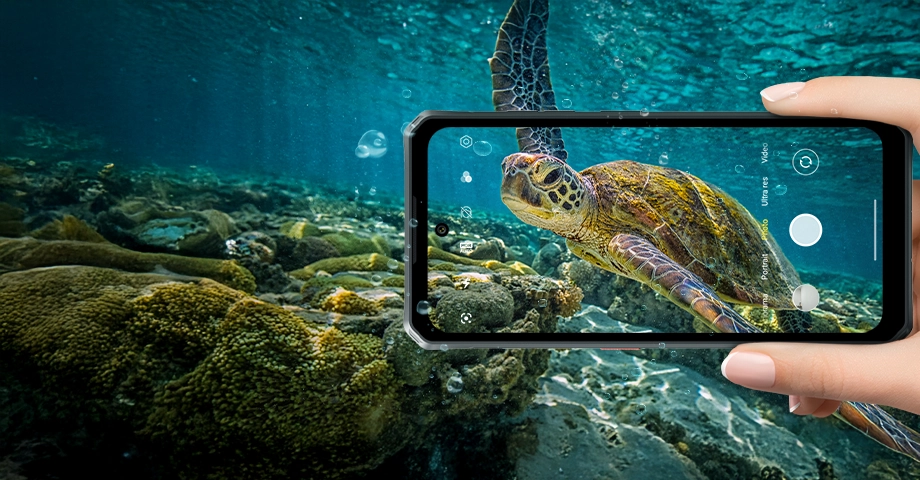 Dłoń robiąca zdjęcie żółwiowi morskiemu pod wodą przy pomocy Fossibota F114.
