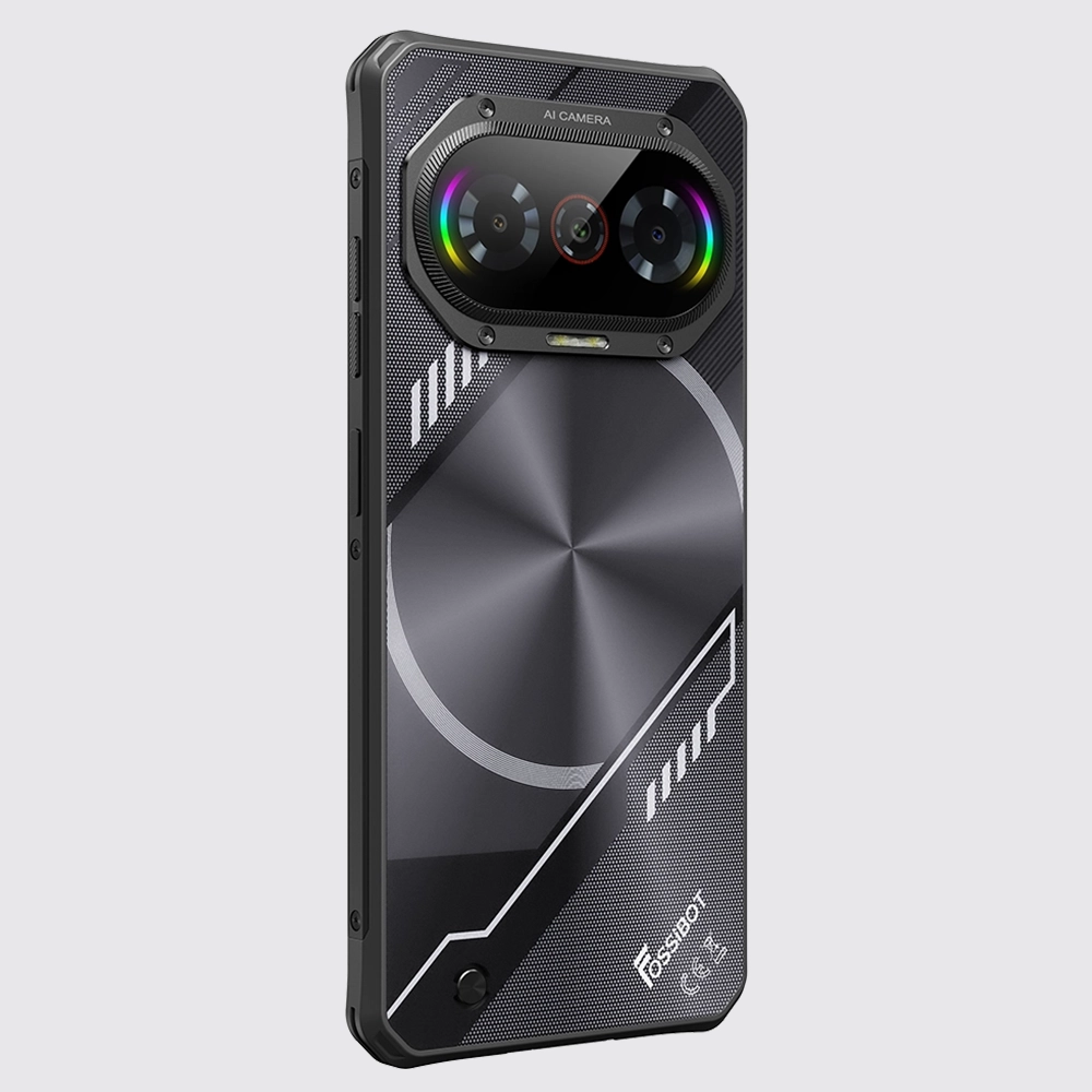 Tył smartfona Fossibot F114 na szarym tle.