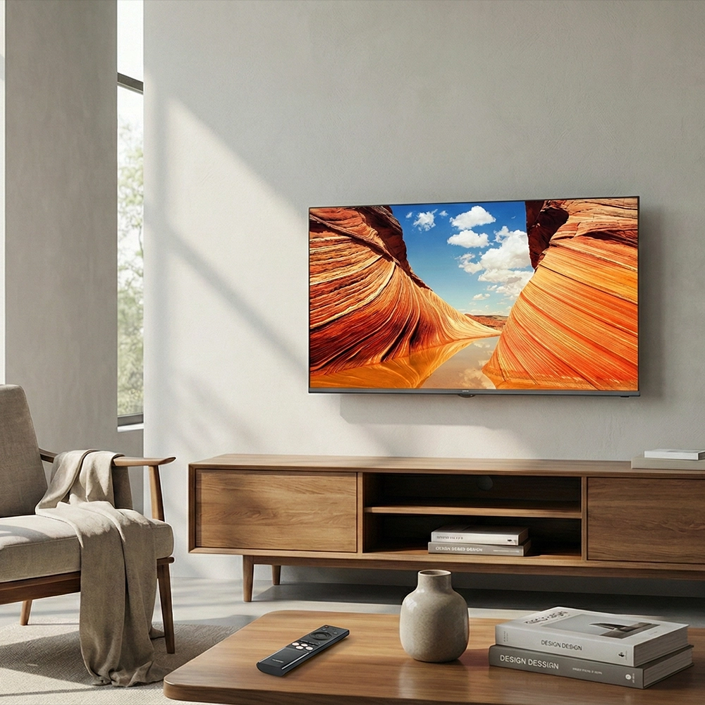 Zbliżenie na telewizor AIWA 43 UHD zawieszony na ścianie w nowoczesnym salonie.