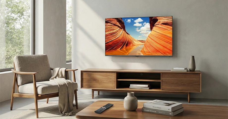 Telewizor AIWA 43 UHD zawieszony na ścianie w nowoczesnym salonie.