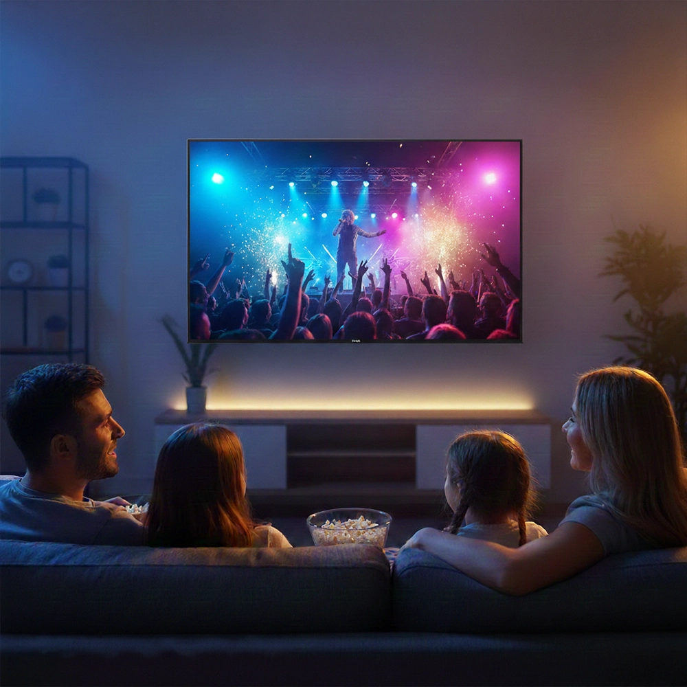 Rodzina na kanapie oglądająca koncert na telewizorze Aiwa 50 UHD.
