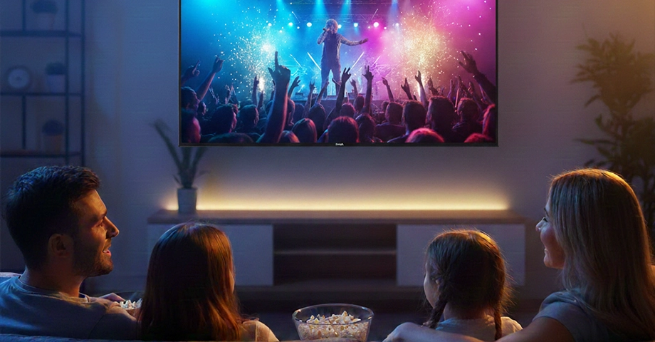 Zbliżenie na rodzine na kanapie oglądającą koncert na telewizorze Aiwa 50 UHD.