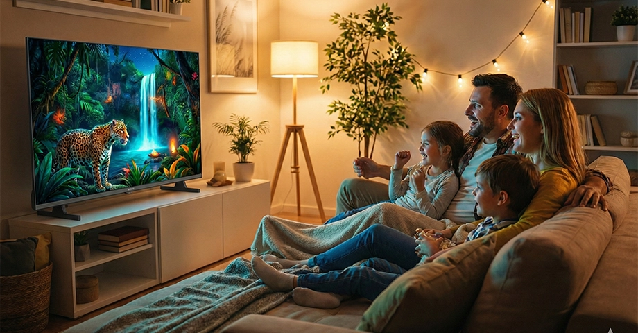 Rodzina na kanapie oglądająca film na telewizorze Aiwa 50 UHD.