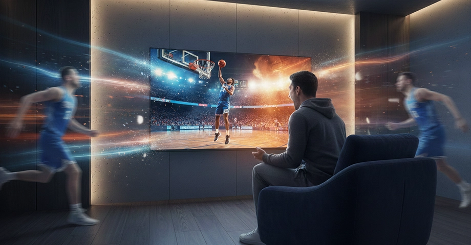 Rozemocjonowany mężczyzna oglądający koszykówkę na telewizorze Aiwa TS-551N.