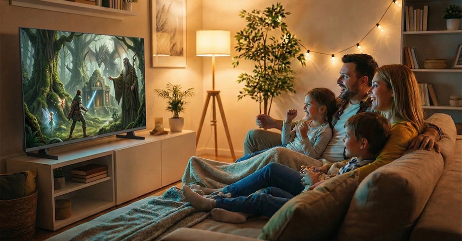 Rodzina na kanapie oglądająca film fantasy na telewizorze Aiwa TS-551N.