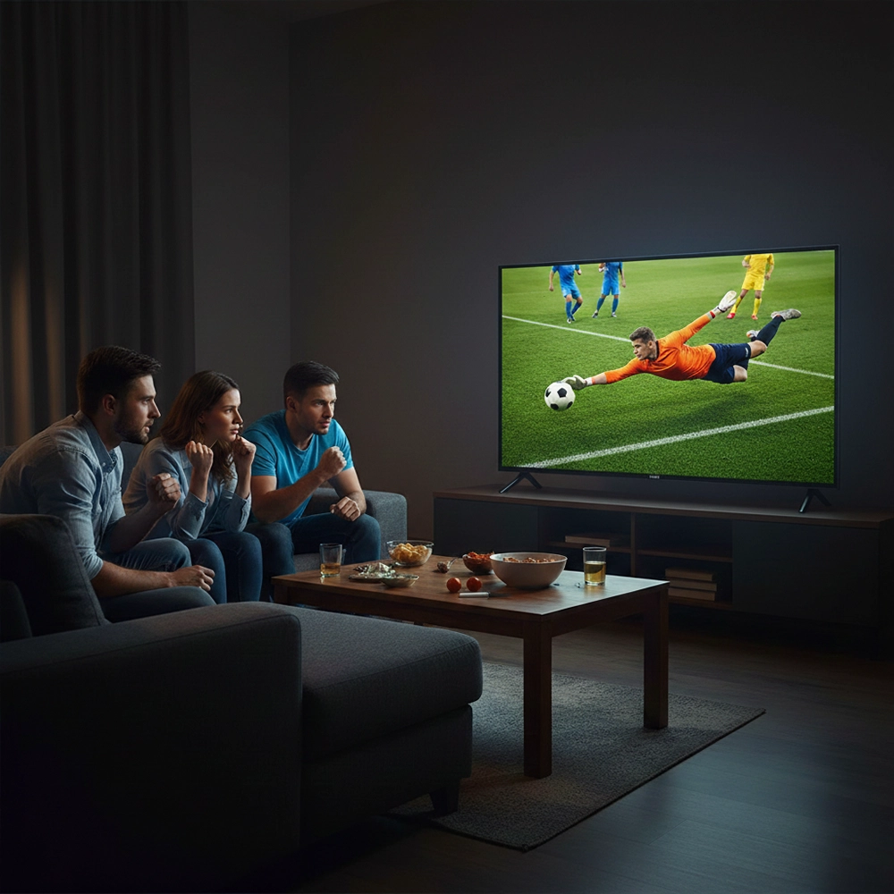 Trójka znajomych siedząca na kanapie i&nbsp;oglądająca mecz piłki nożnej na telewizorze Aiwa 65 UHD.