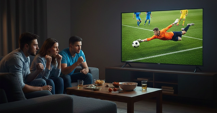 Troje znajomych oglądających mecz piłkarski na telewizorze Aiwa 65 UHD.