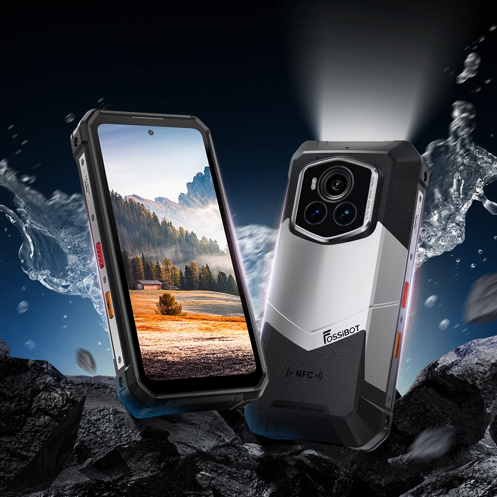 Zbliżenie na telefony Fossibot F107 Pro przodem i tyłem na tle skał i rozbryzgującej wody.
