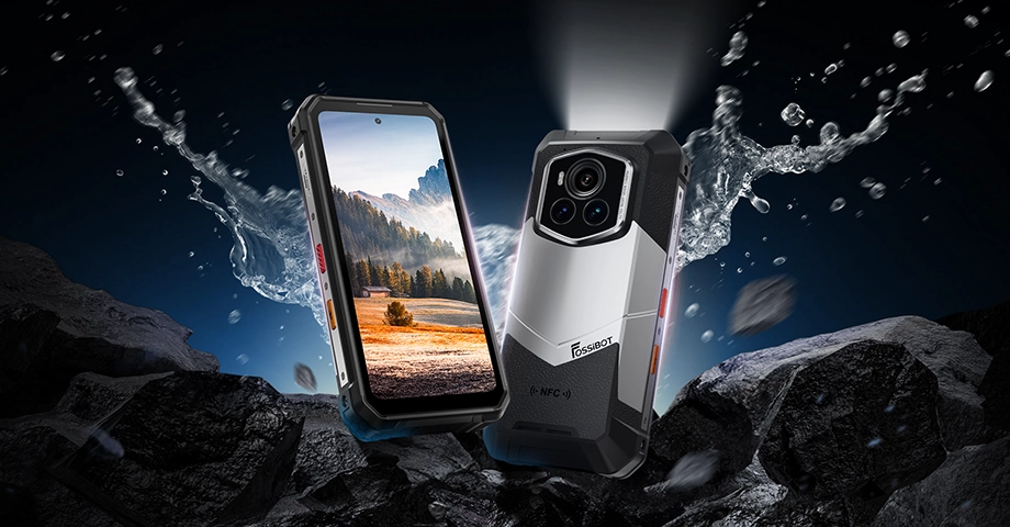 Dwa telefony Fossibot F107 Pro przodem i tyłem na tle skał i rozbryzgującej wody.