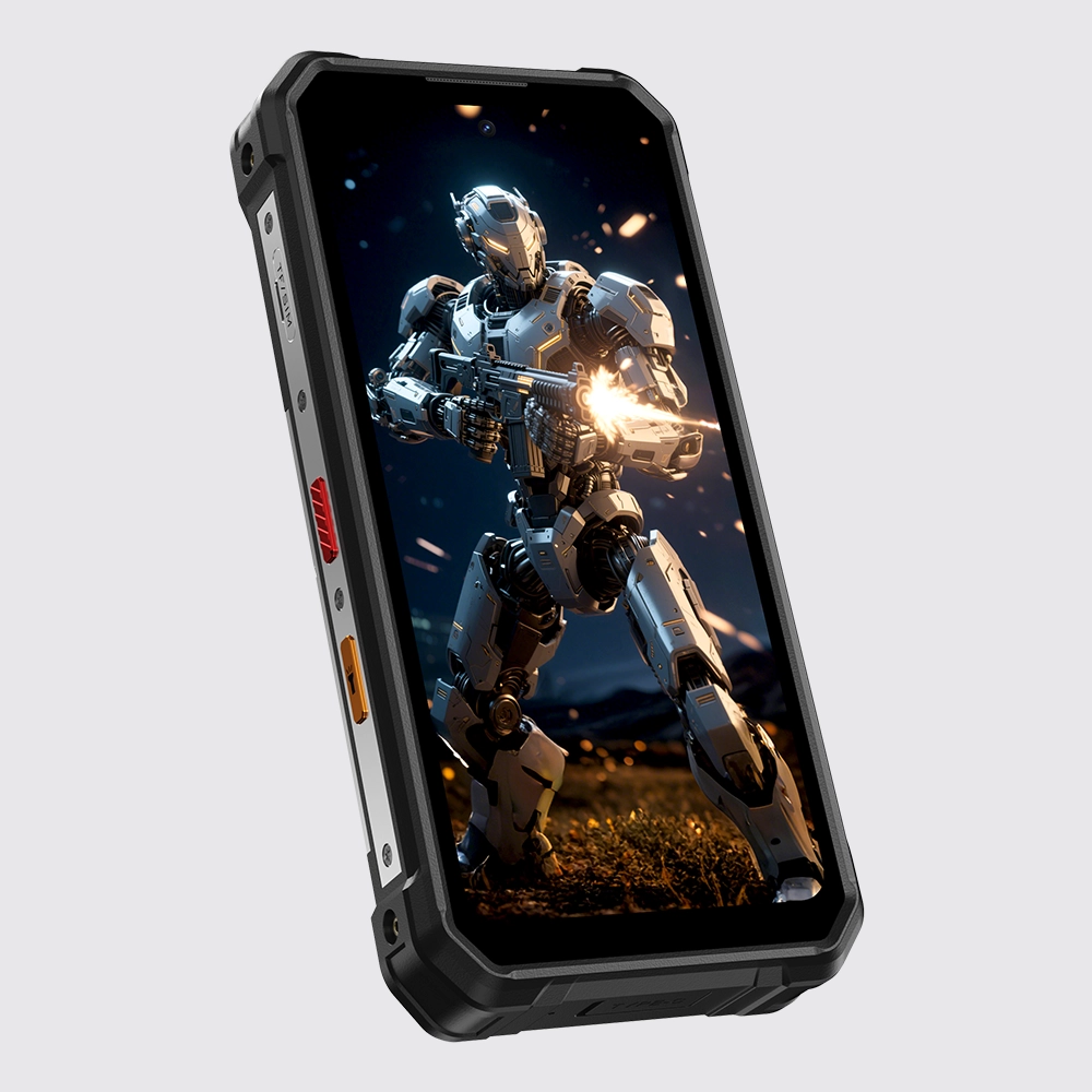 Przód telefonu Fossibot F107 z widocznym na ekranie robotem strzelającym z karabinu szturmowego na szarym tle.