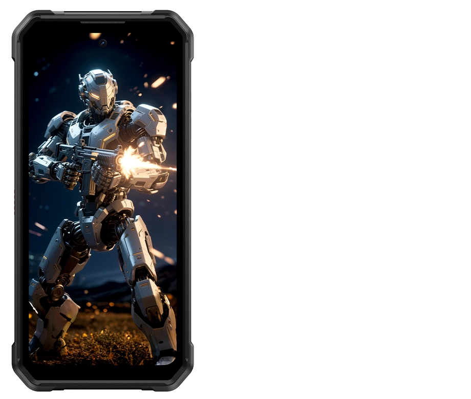 Przód telefonu Fossibot F107 z widocznym na ekranie robotem strzelającym z karabinu szturmowego.