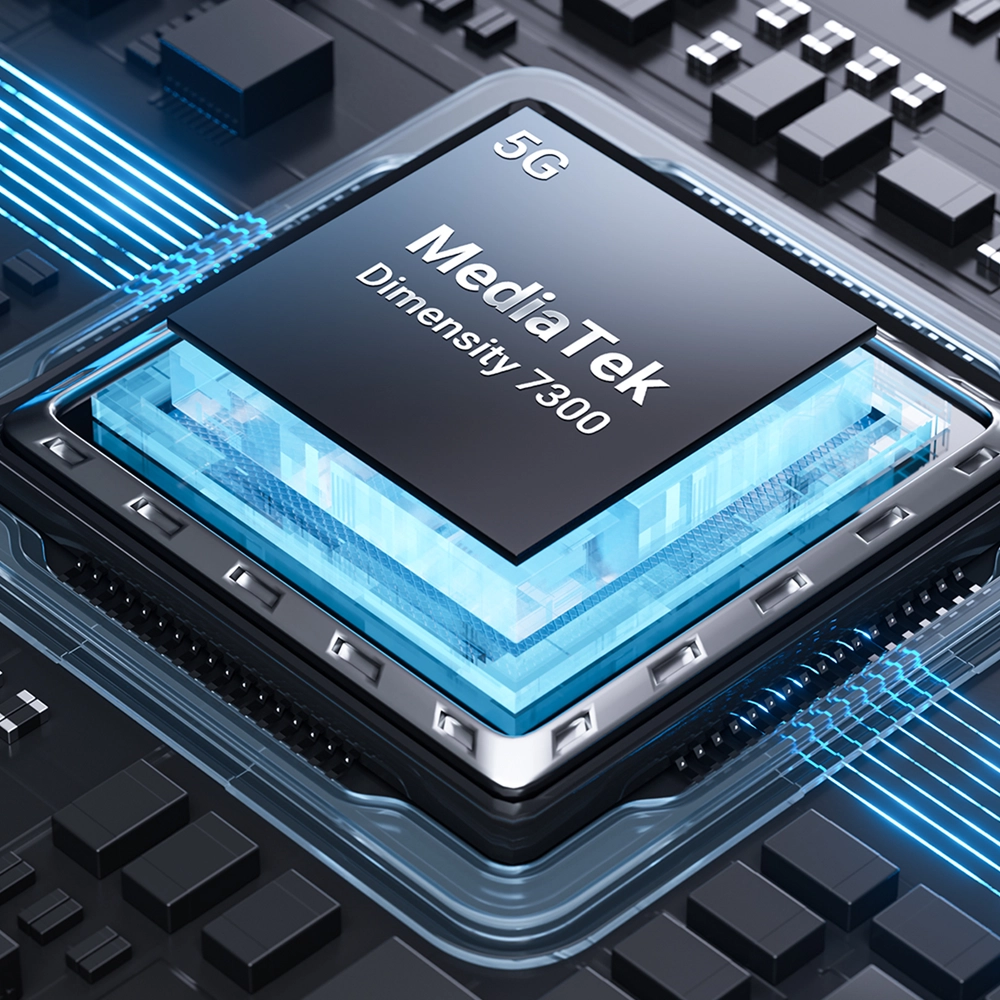 Zbliżenie na chip MediaTek Dimensity 7300 na płytce drukowanej - wizualizacja.