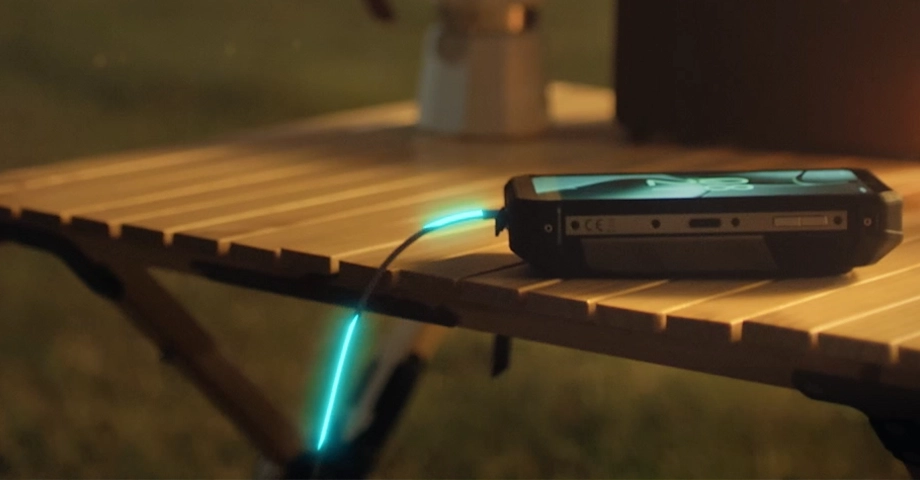 Telefon Fossibot F107 podłaczony do przewodu ładującego na stoliku ogrodowym.