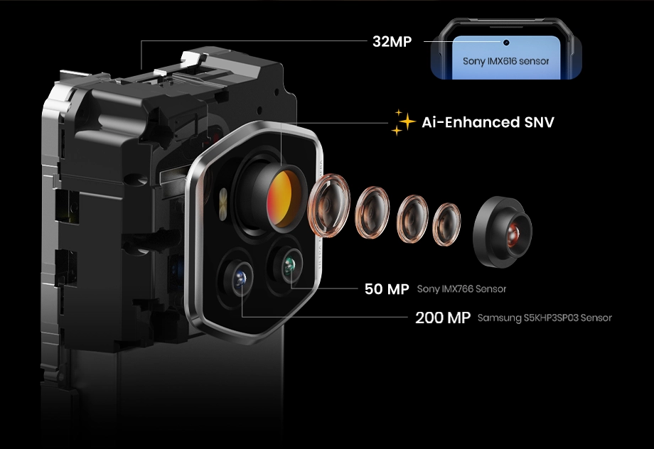 Tył telefonu Fossibot F107 Pro z oznaczeniami megapikseli poszczególnych aparatów.