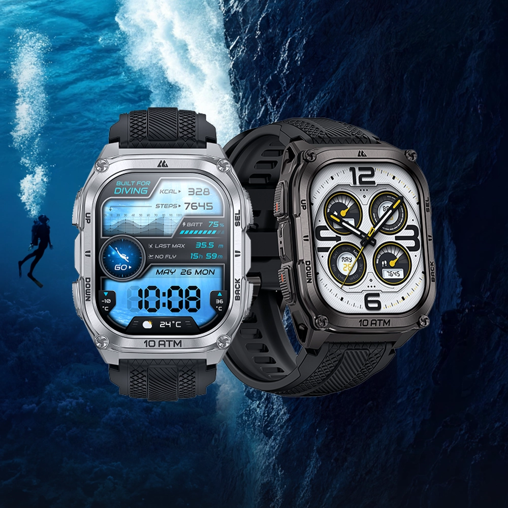 Zbliżenie na czarny i srebrny Kospet Tank M4 na tle nurka głebinowego pod wodą.