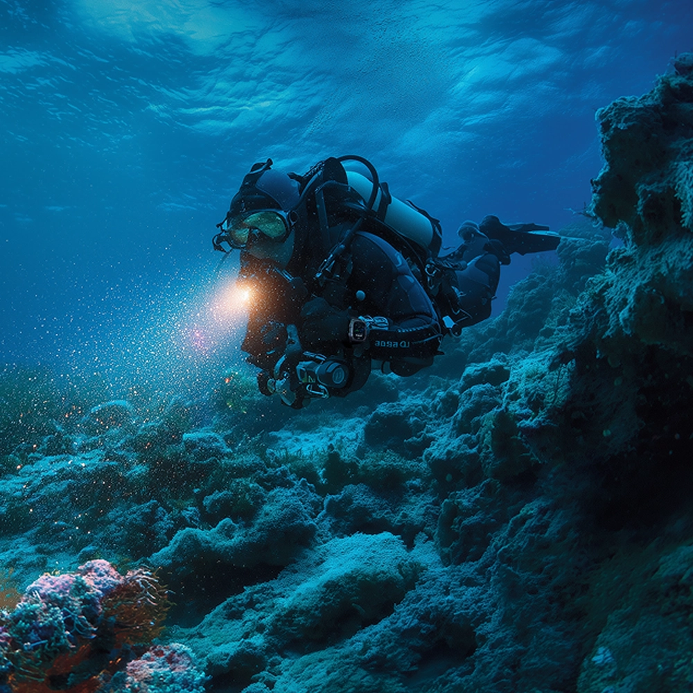 Nurek głębinowy pod wodą. Na nadgarstku ma Kospet Tank M4.