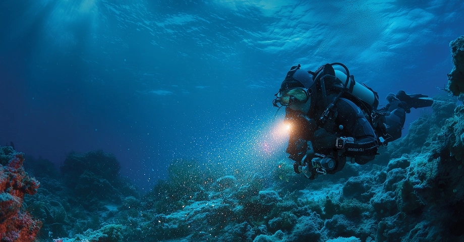 Nurek głębinowy pod wodą ze smartwatchem Kospet Tank M4 na nadgarstku.