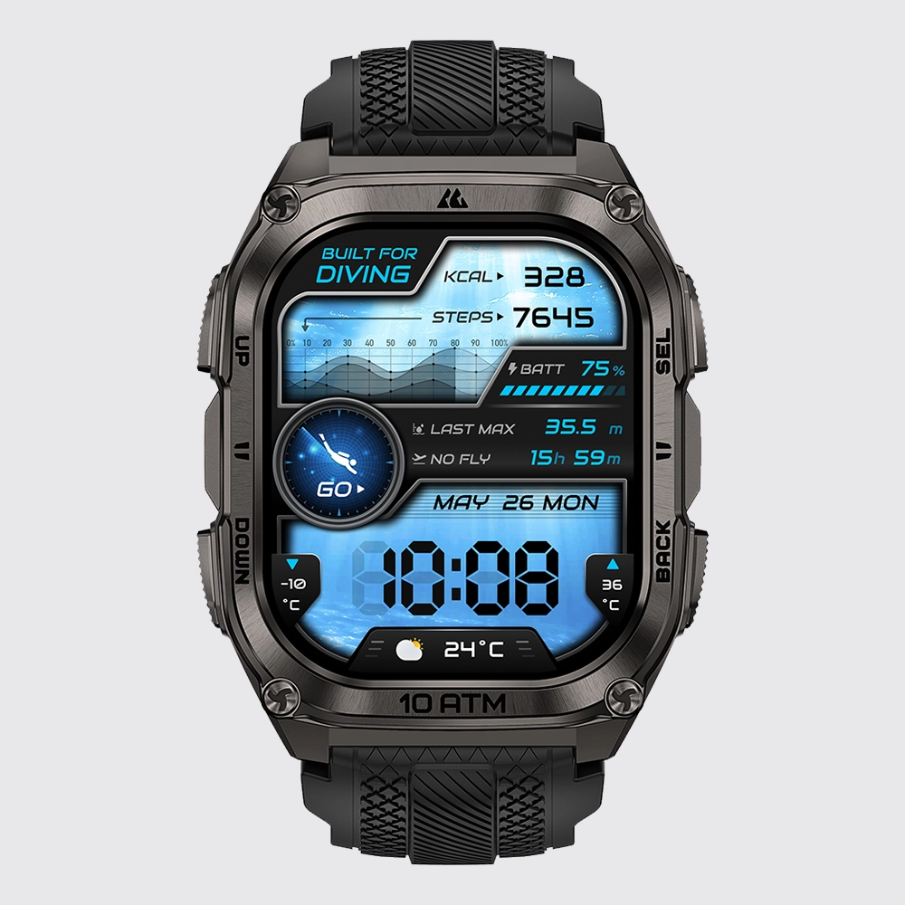 Przód czarnego smartwatcha Kospet Tank M4 z uruchomionym ekranem na szarym tle.