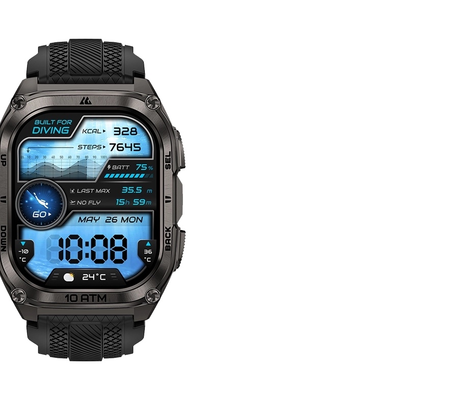 Przód czarnego smartwatcha Kospet Tank M4 z uruchomionym ekranem.