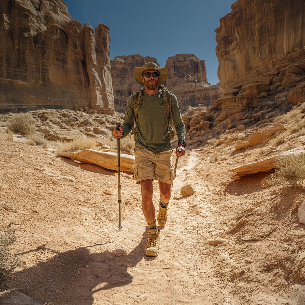 Mężczyzna w turystycznym ubraniu i kapeluszu idący przez kanion na pustyni. Na nadgarstku ma smartwatch Kospet Tank M4.