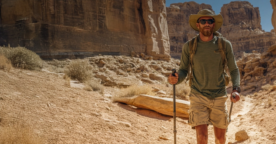 Zbliżenie na mężczyznę w turystycznym ubraniu i kapeluszu idącego przez kanion na pustyni. Na nadgarstku ma smartwatch Kospet Tank M4.