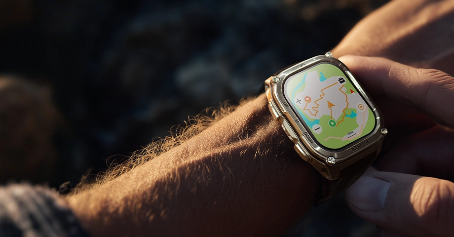 Zbliżenie na smartwatch Kospet Tank M4 z uruchomioną nawigacją na męskim nadgarstku.