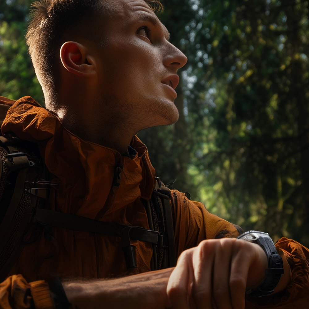 Zbliżenie na mężczyznę w kurtce trekkingowej używającego smartwatcha Kospet Tank M4 w lesie.