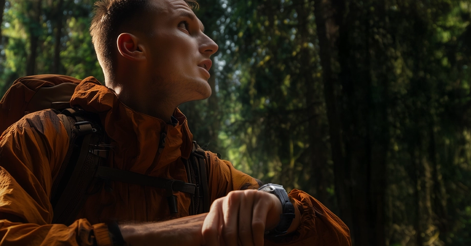 Mężczyzna w kurtce trekkingowej używający smartwatcha Kospet Tank M4 w lesie.