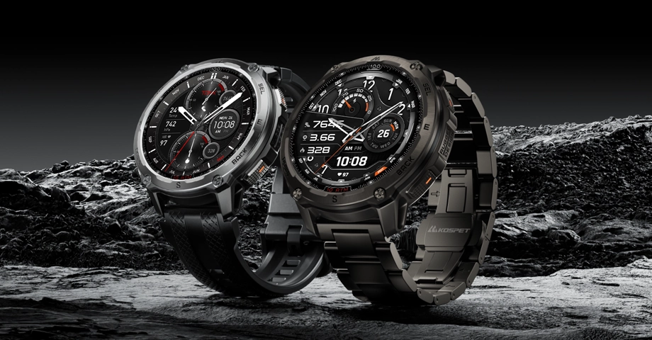 Czarny i srebrny Kospet Tank T4 na tle grafitowych skał.