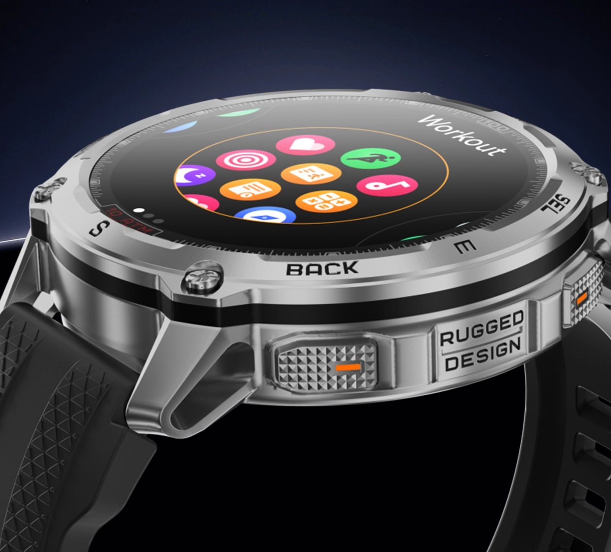 Zbliżenie na ekran smartwatcha Kospet Tank T4 z widocznym wyborem funkcji smartwatcha.