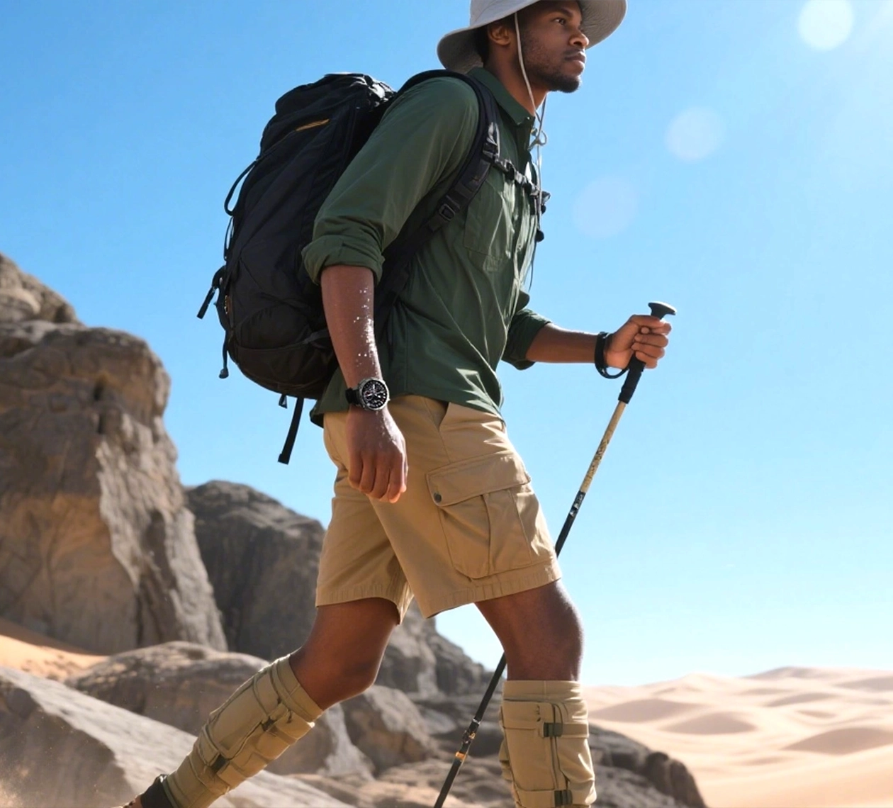 Mężczyzna w turystycznym ubiorze idący przez pustynię, na nadgarstku ma Kospet Tank T4.
