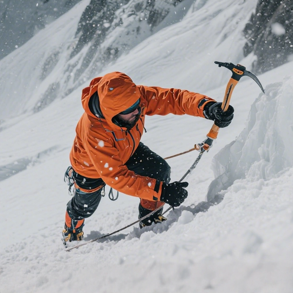 Wspinacz zimowy z czekanem na śnieżnym stoku w górach.