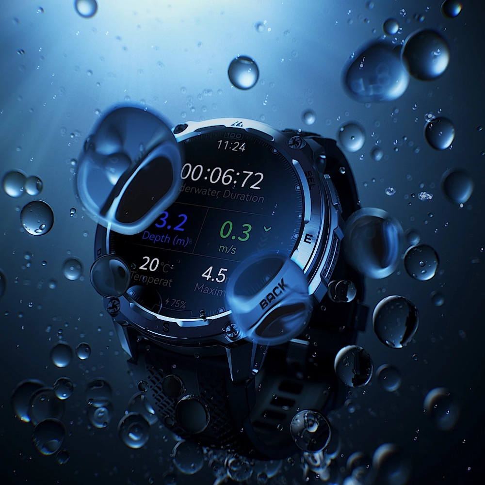 Smartwatch Kospet Tank T4 zanurzony w wodzie, na ekranie ma pomiary związane z nurkowaniem.