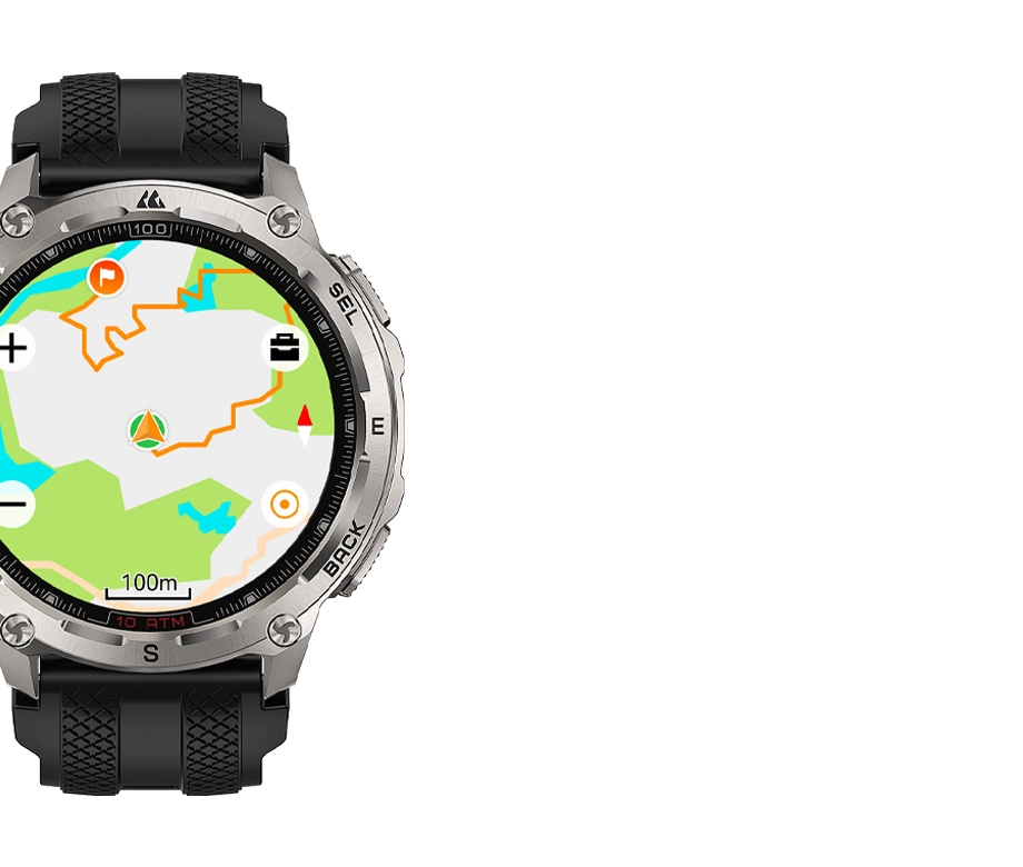 Przód srebrnego Kospet Tank T4 z uruchomioną nawigacją na ekranie.