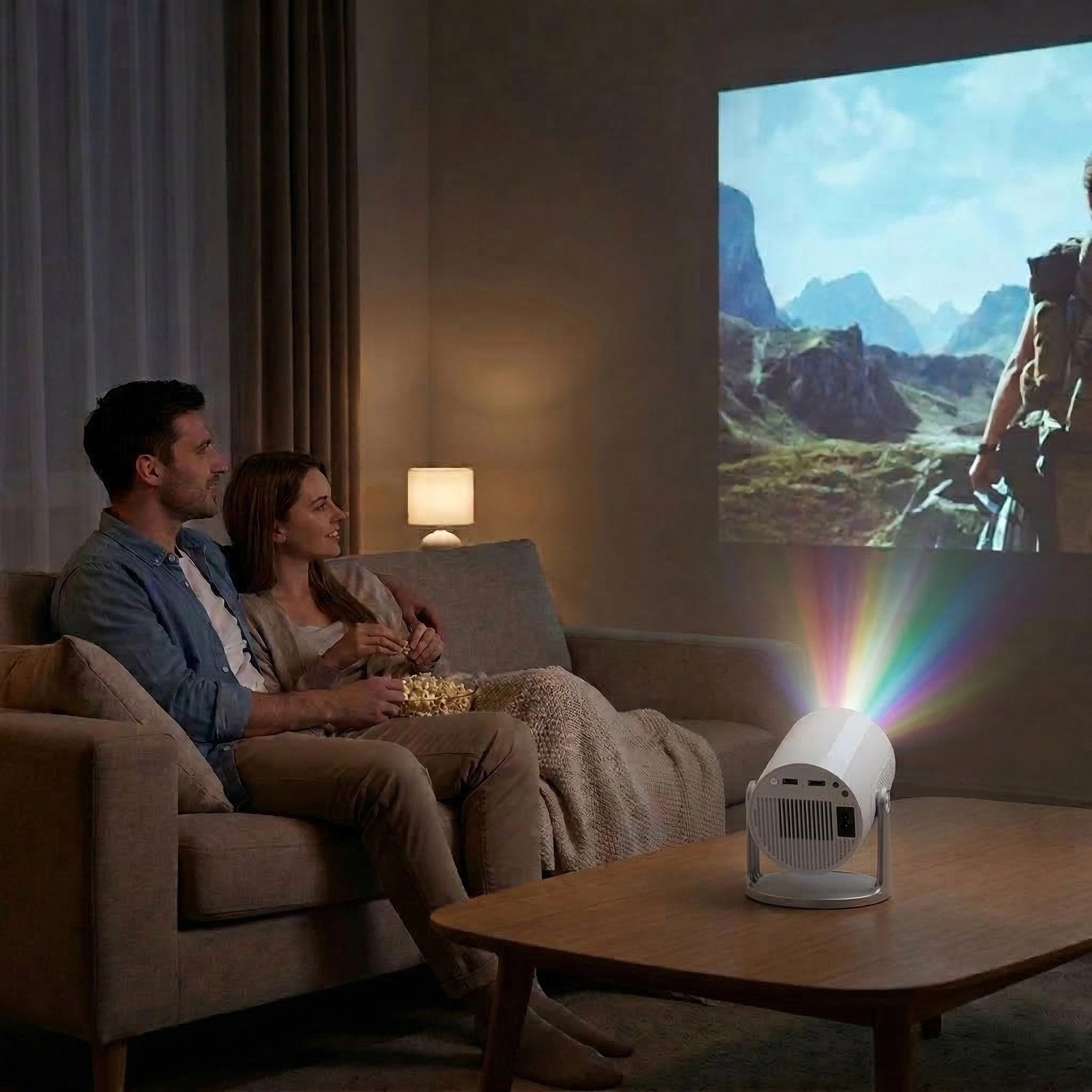 Para siedząca na kanapie i oglądająca film wyświetlany przez projektor Lenovo 100M na ścianie pokoju.